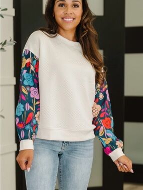 Cream Pullover Long Sleeve with Colorful Floral Balloon Sleeves